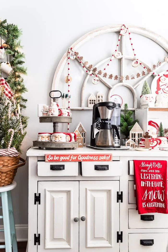 chippy window and dresser, vintage Santa mugs