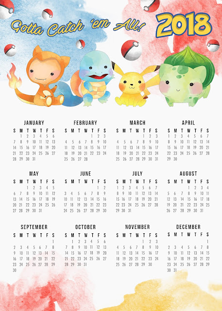 Calendario de Pokemon 2018 para Imprimir Gratis.