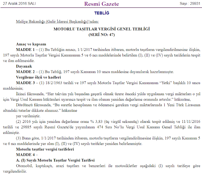 2017 YILI MOTORLU TAŞITLAR VERGİSİ 
