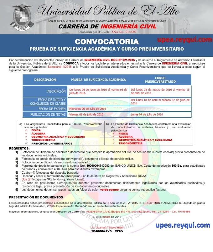Ingeniería civil UPEA II/2016: Convocatoria a prueba de suficiencia académica y curso preuniversitario