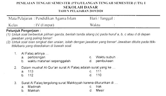 Kumpulan Soal Penilaian Tengah Semester (PTS) Ganjil PAI dan BP Kelas 4 SD Terbaru Tahun 2019 Gratis