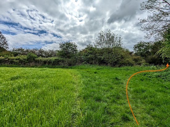 At the corner of the field the footpath bends right then left