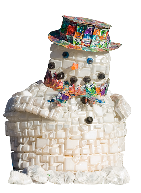 This snowman character is made with recycled packaging by school children.