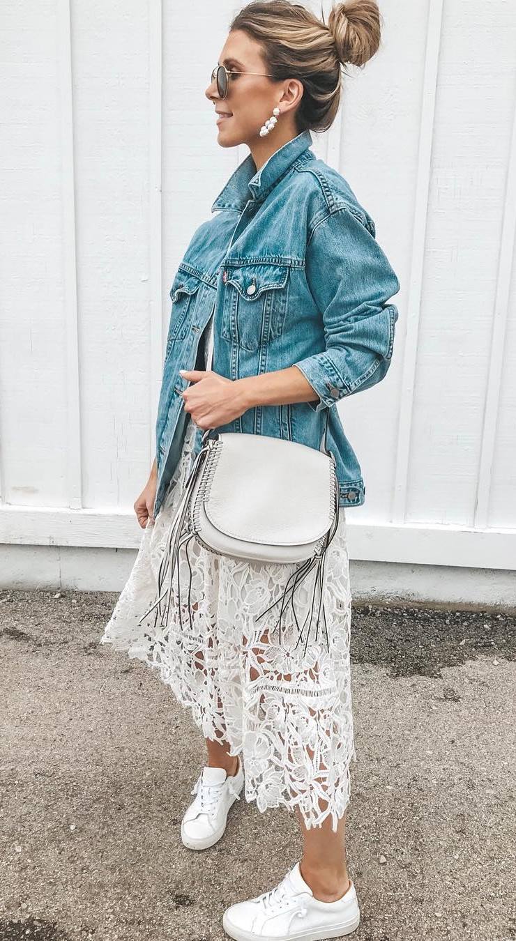 what to wear with a denim jacket : bag + lace midi dress + sneakers