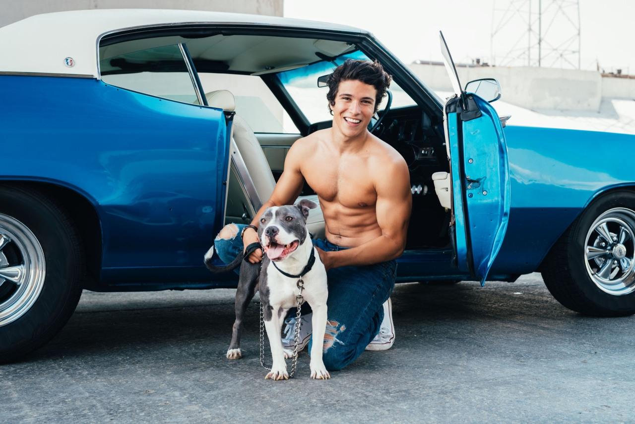 cute-smile-shirtless-fit-muscle-college-dude-petting-dog-blue-car