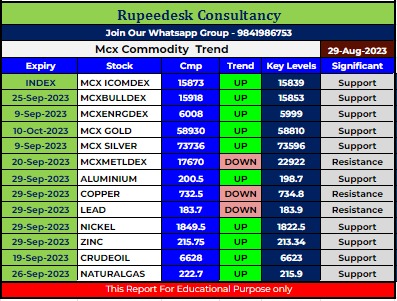 Mcx Commodity Intraday Trend Rupeedesk Reports - 29.08.2023