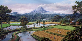 Lukisan Pemandangan Desa di Kaki Gunung