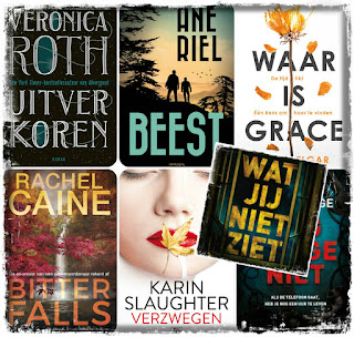 Uitverkoren van Veronica Roth bij De Boekerij, Beest van Ane Riel bij prometheus, Waar is Grace van Emily Elgar bij De Fontein, Bitter Falls van Rachel Cain bij Karakter, Verzwegen van Karin Slaughter bij Harper Collins, Nog lange niet van M.J. Arlidge bij De Boekerij, Wat jij niet van M.J. Arlidge bij CPNB