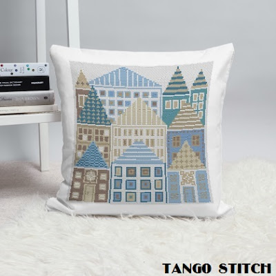 Blue geometric houses city landscape cross stitch pattern - Tango Stitch