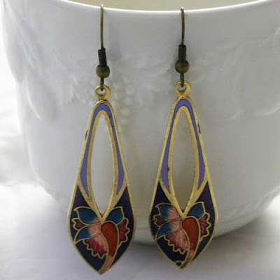 Long blue dropper earrings in Cloisonne