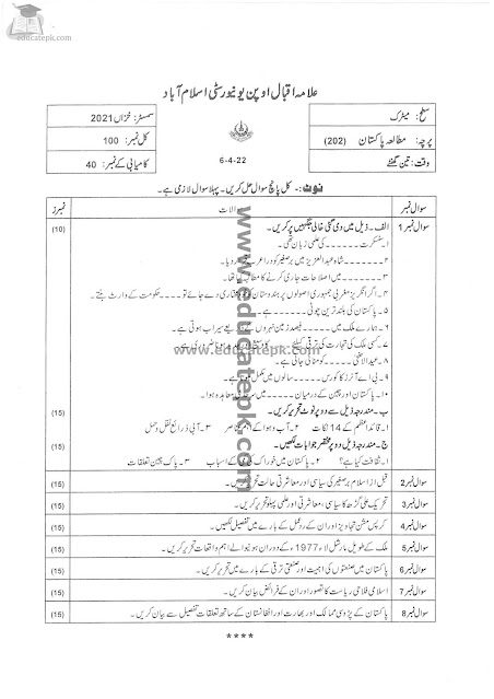 Aiou Old Papers Matric code 202
