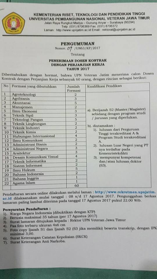 Penerimaan 60 Dosen Universitas Pembangunan Nasional Upn