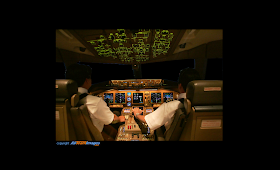 MH370 Boeing 777 cockpit, by night.