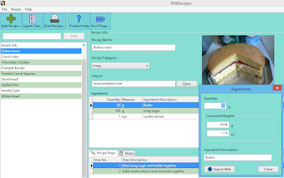 PittRecipes displaying ingredient information, including converted weight measurements