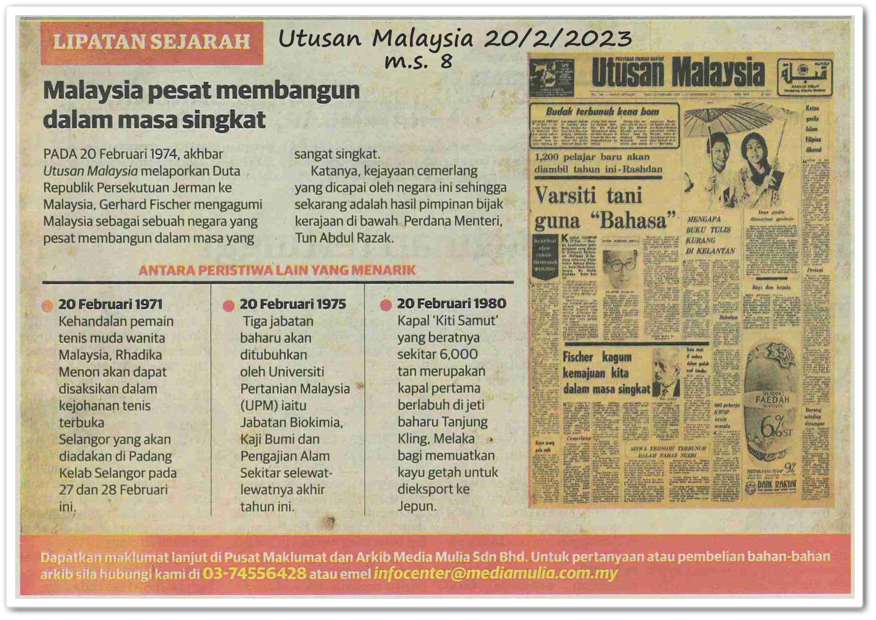 Lipatan sejarah 20 Februari - Keratan akhbar Utusan Malaysia 20 Februari 2023