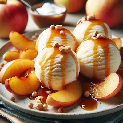 Auf dem Bild sind vier Vanilleeiskugeln mit karamellisierten Apfelscheiben zu sehen. Das Dessert wurde mit gehackten Nüssen garniert.