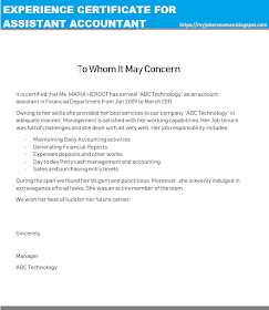 Experience certificate for accountant assistant, Assistant Accounting Certificate
