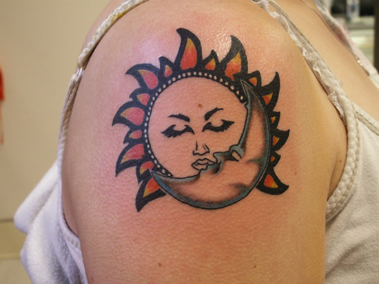 brightly coloured Sun and Moon tattoo The same design as in image above