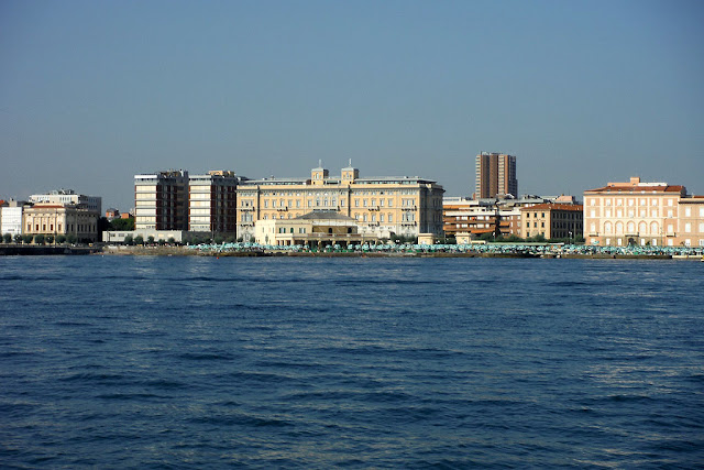 Grand Hotel Palazzo, Pancaldi and Piazza Matteotti high rise seen from the sea, Livorno