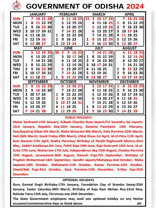 Odisha Govt Calendar 2024 pdf