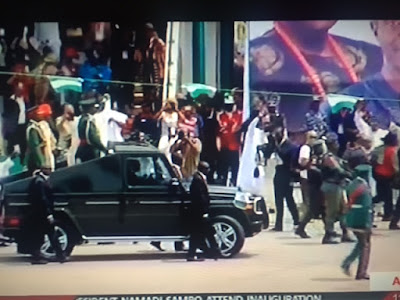 General Buhari takes his first ride as President of Nigeria in an Open top G Wagon b