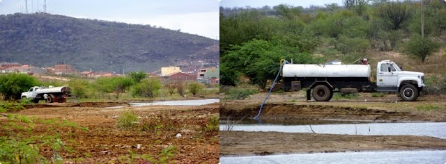 Caminhões continuam pegando água no Açude da Manhosa. Esgoto de loteamento está prestes a cair no Açude