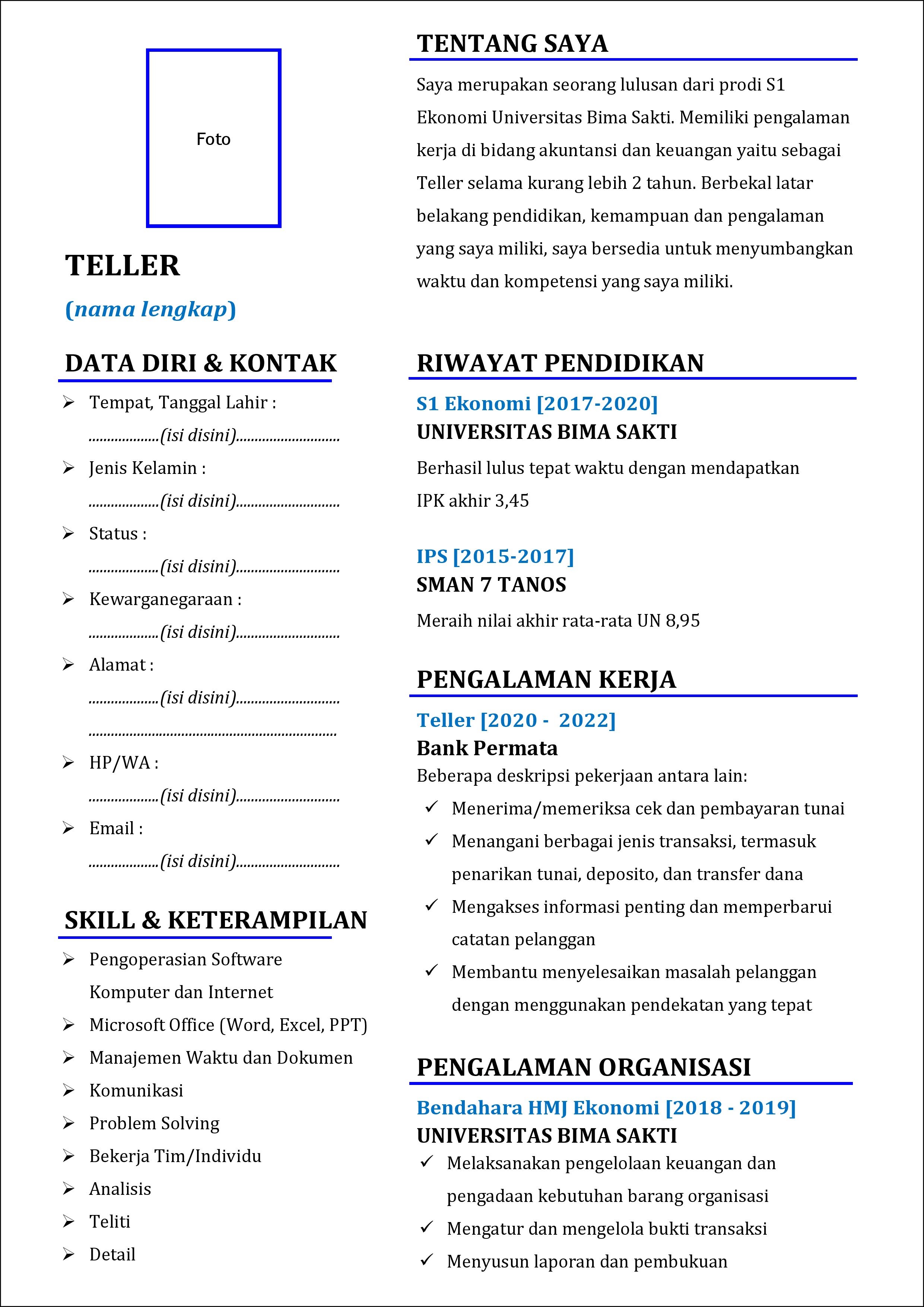 contoh 1 daftar riwayat hidup Teller yang punya pengalaman kerja (experience)