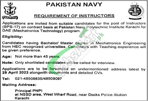 Pak Navy Civilian Jobs 2023 Instructor Latest Vacancies Advertisement