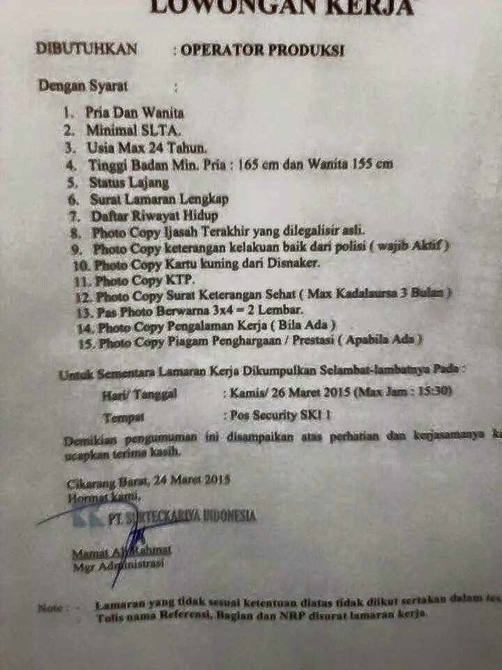 Informasi Lowongan Kerja SMK SMA Terbaru Lowongan Kerja PT Surteckariya Indonesia Gobel Cibitung ...