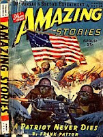 Front cover image of Amazing Stories magazine, August 1943 issue. A painting by Robert Fuqua, illustrating a scene from short story A Patriot Never Dies by Frank Patton