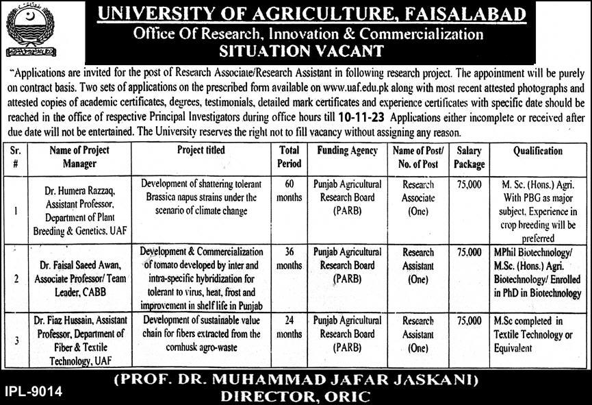 University of Agriculture UAF Research Jobs In  Faisalabad 2023