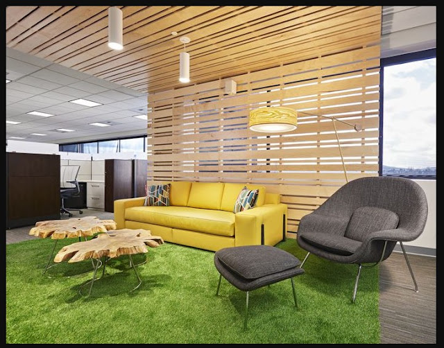 Interior Design Office with wooden furniture and green carpet