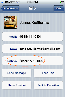 Screen shot of contact's Info panel in iPhone 4S with a birthday field.