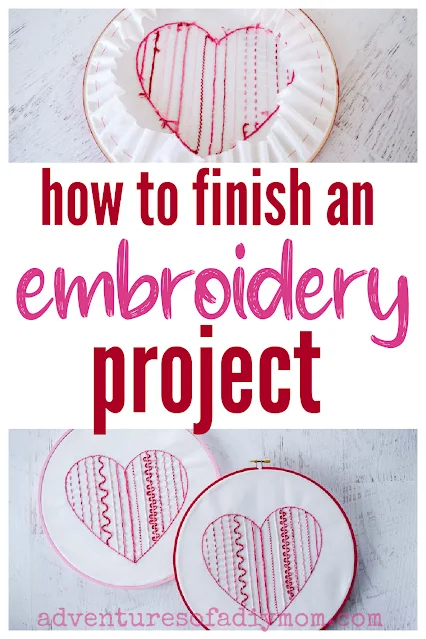 collage of images of finishing an embroidery project