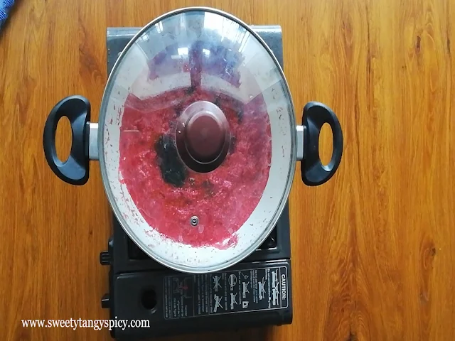 A covered bowl of Beetroot Pachadi, resting and allowing the flavors to meld and intensify for the next ten minutes.