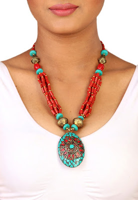 Red and Teal Blue Beaded Necklace