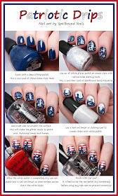Patriotic Drips nail art Tutorial Spellbound Nails red white blue stripes glitter America Independence Day 4th of July