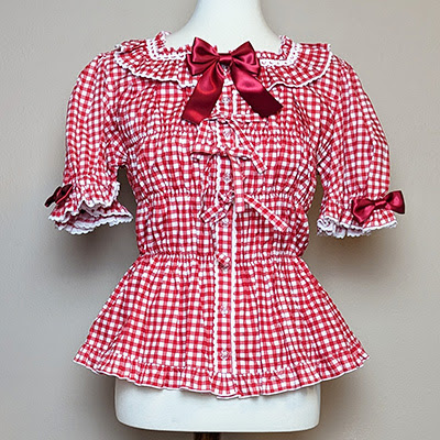 Metamorphose Short Sleeve Square Neck Frill Blouse (Plus Size) (2023) Red Gingham