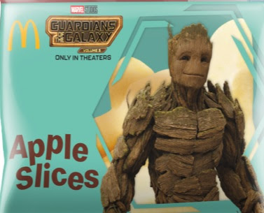 McDonalds Guardians of the Galaxy Happy Meal 2023 Packaging included apple slices pack with Groot on the cover