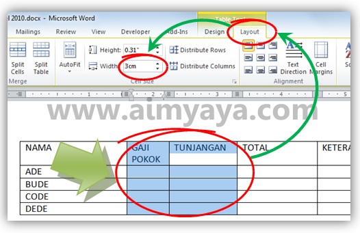  Gambar: Cara mengatur ukuran kolom tabel agar presisi/tepat di Microsoft Word 2010