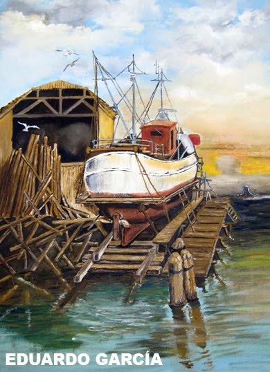 Óleo sobre lienzo "Astillero atardeciendo" 60 x 55 cm