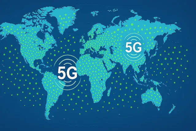 رسم توضيحي لشبكة الجيل الخامس 5G مع خريطة انتشار عالمي