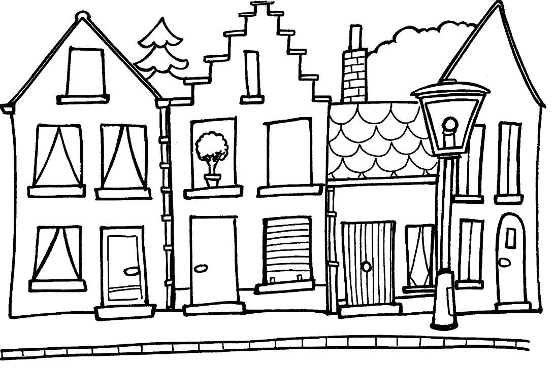 Page de coloriage grand format   imprimer trois maisons dans une ville