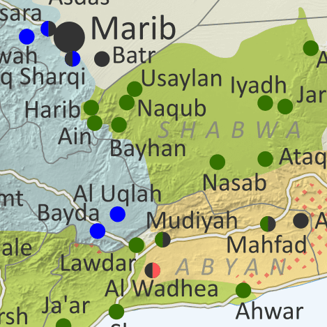 Thumbnail preview of map of what's happening in Yemen as of September 2022, showing territorial control in the PLC government infighting between Saudi-backed al-Islah and the UAE-backed STC southern separatists, as well as control by the unrecognized Houthi government and major areas of operations of Al Qaeda in the Arabian Peninsula (AQAP). Includes recent locations of fighting and other events, including Ataq, Shuqra (Shuqrah), Arma, Al Wadhea, al-Abr, and more.