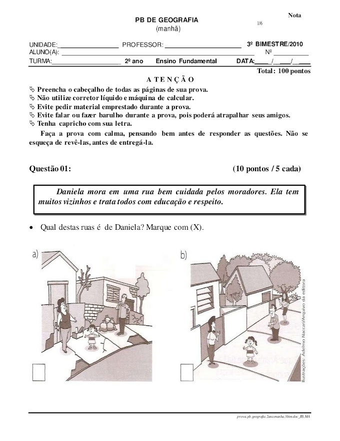 Avaliação de Geografia 2º Ano 3º Bimestre.