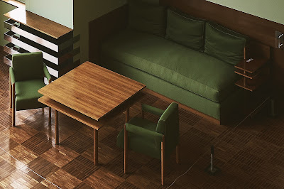 Midcentury dining suit with bench seat in olive fabric and wooden vinyl flooring