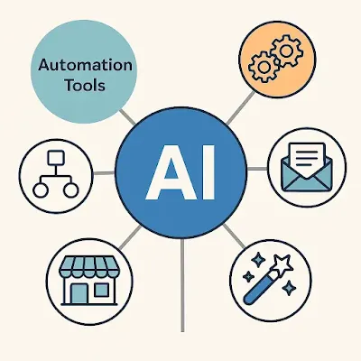 A diagram illustrating how Artificial Intelligence (AI) acts as a central component connecting various automation tools relevant to Siliguri businesses. Radiating from a central blue circle labeled "AI" are lines leading to five other circles representing: "Automation Tools," a flowchart icon, a store front icon, an open envelope icon, and a magic wand icon.