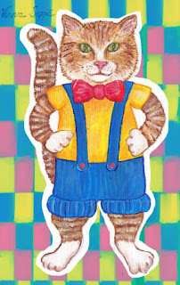 A jigsaw puzzle image of a cat in fancy clothes / Palapelikuva kissasta hauskoissa kuteissa