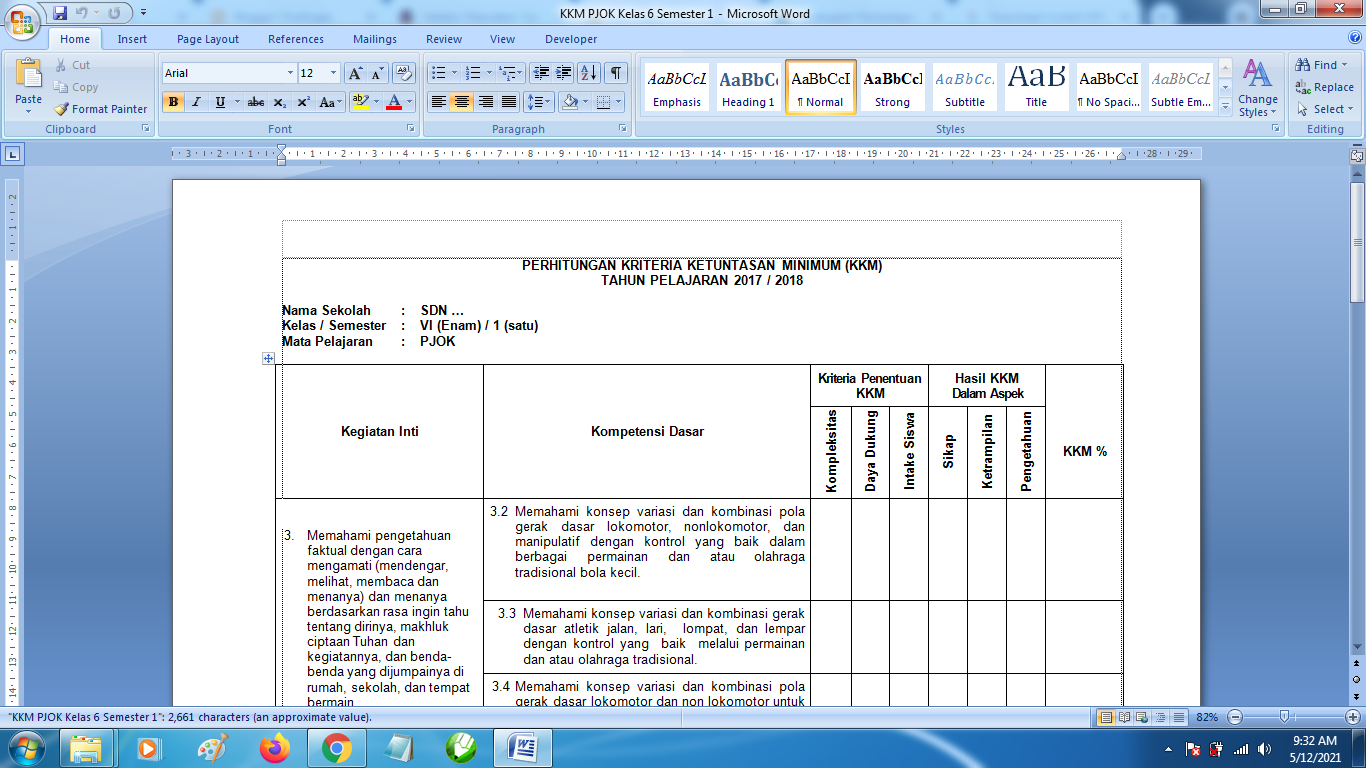 Download Contoh KKM PJOK SD Kelas 6 Semester 1 Kurikulum 2013 doc