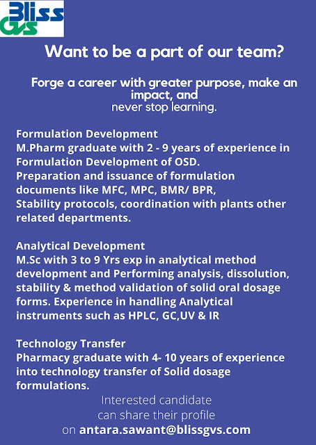 Job Availables, Bliss GVS Pharma Ltd Job Opening For Formulation Development/ Analytical Development/ Technology Transfer Department